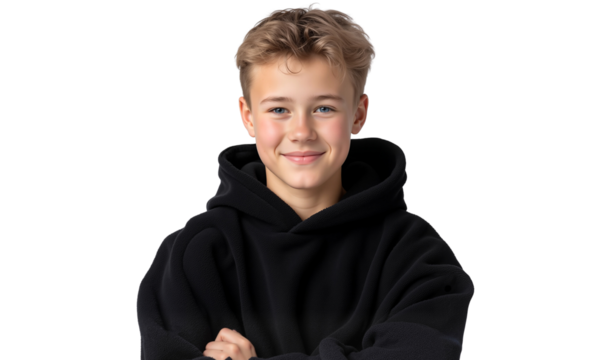 Smiling young boy in a black hoodie with arms crossed, isolated on transparent background