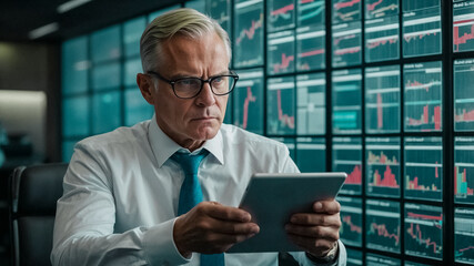A focused financial analyst meticulously monitors complex market data on a tablet, with digital displays in the background, showing the intensity and commitment required in financial analysis.