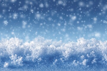 Obraz premium Winter wonderland featuring a blue background with falling snowflakes and a blanket of fresh snow covering the ground in a serene and tranquil atmosphere