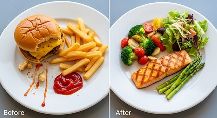 A powerful visual of dietary transformation, contrasting a high-calorie fast food meal with a nutritious, balanced plate of grilled salmon and fresh vegetables