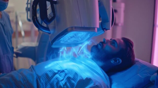 A cinematic sci-fi scene of a futuristic x-ray-like machine extracting the soul of a patient under intense blue and red lighting, creating a surreal, haunting, and visually striking atmosphere