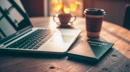A Traveler's Workspace: Laptop, Passport, Coffee, Awaits Adventure, perfectly captures the spirit of remote work and travel preparations.  