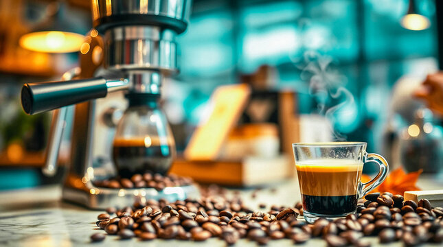 A photorealistic espresso cup filled with a rich, aromatic coffee, steaming gently, resting beside scattered whole beans on a polished surface, is the embodiment of the cafe's heart.