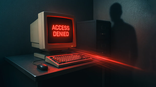 The old computer display ACCESS DENIED, with a shadow looming in the background, a symbol of cyber intrusion and system breaches.