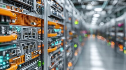 Technology Infrastructure with Blurry Data Center Servers and Colorful LED Indicators