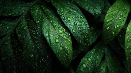 Fototapeta premium Close-Up of Lush Green Leaves with Water Droplets in Natural Light Setting. Banner, copy space