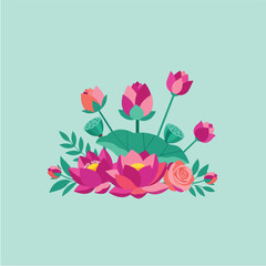 Pink lotus flowers blooming with green leaves creating a beautiful floral arrangement on a light blue surface, symbolizing tranquility and natural beauty.