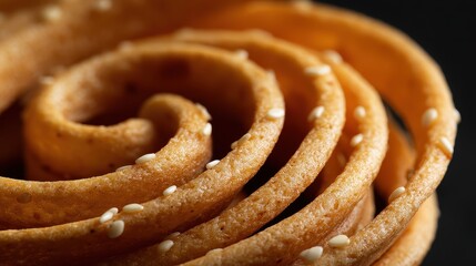 Fototapeta premium Spiral Snack with Sesame Seeds Highlighting Texture and Shadow Play