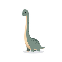 Cute brachiosaurus sitting peacefully on white surface, showcasing its long neck and gentle expression in a minimalist style.