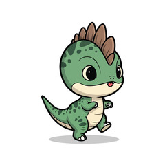 Cute green baby stegosaurus walking happily in a prehistoric land with a playful expression, creating a whimsical and cheerful atmosphere.