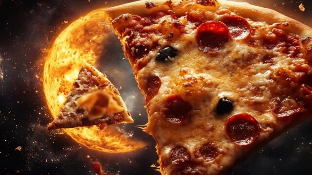 Pizza slices intersecting a celestial body in a creative digital composition