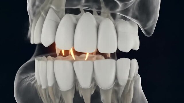 Diseased tooth with inflammation and healthy teeth with roots and nerve.