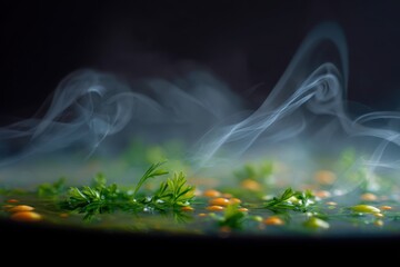 Aromatic Soup with Green Herbs and Smoke Curling in the Air