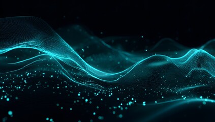 Abstract flowing luminous blue and teal energy waves with shimmering particles against a deep dark background representing digital data streams and futuristic technology