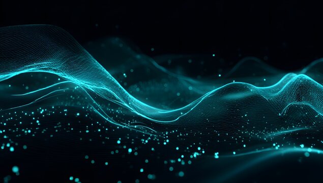Abstract flowing luminous blue and teal energy waves with shimmering particles against a deep dark background representing digital data streams and futuristic technology