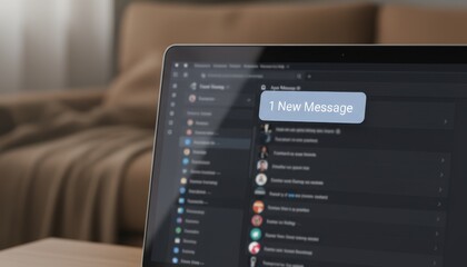 Digital Communication: A close-up view of a laptop screen displays a notification, signaling an incoming message, within a sleek dark mode interface.