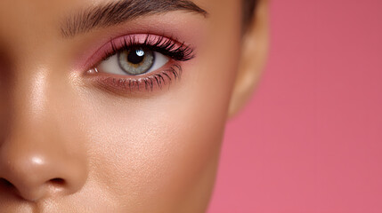 Obraz premium Beautiful woman with flawless, fresh, clean skin applying makeup for modeling on a pink background with copy space for text. Beauty concept background illustration.