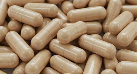 Capsule Close-Up: A close-up shot of a pile of neatly arranged capsules. Demonstrating health, wellness, and pharmaceutical innovation.