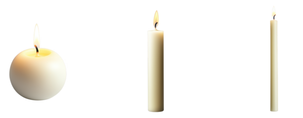 Different Types of White Candles with Flames in Bright Setting on a Transparent Background.