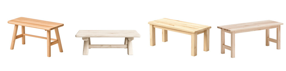Variety of Wooden Tables Displayed in Natural Finish and Design on a Transparent Background.