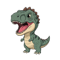 Cartoon tyrannosaurus rex roaring loudly with mouth open showing teeth on white backdrop, creating a playful and fierce impression.