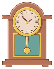 Whimsical Grandfather Clock Illustration with Roman Numerals Gold Face and Swinging Pendulum