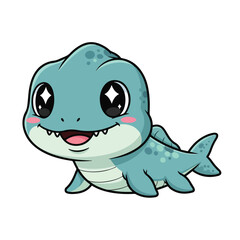 Cute baby mosasaurus smiles cheerfully, swimming underwater with tiny fins and big eyes, conveying a playful and adorable mood.