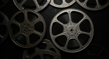 Obraz premium Vintage Film Reels: An evocative overhead shot captures the nostalgia of cinema, as a collection of weathered film reels lies scattered, each holding stories untold.