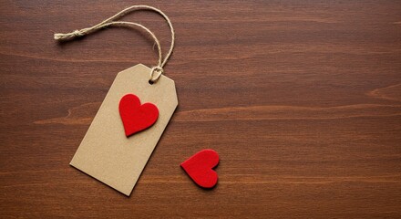 Label of Love: A heartfelt gift tag adorned with a charming red heart rests delicately on a rich, wooden surface, exuding warmth and affection.