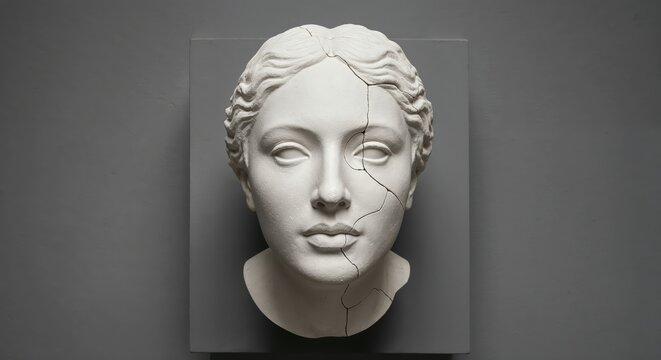 Statue of Woman's head: A close-up view presents a serene statue of a woman's head, artfully crafted from a light-colored material, mounted against a plain backdrop, evoking timeless beauty.