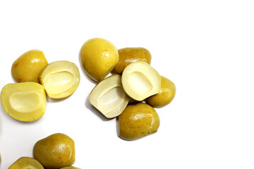 Salty pickled Ma-Muang Bao (Thai small mango) halves without seed.