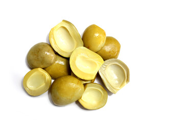 Salty pickled Ma-Muang Bao (Thai small mango) halves without seed.