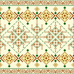 A traditional textile pattern in beige, brown, green, featuring geometric diamond and floral motifs arranged in symmetrical horizontal rows with intricate details. Geometric seamless vector pattern.