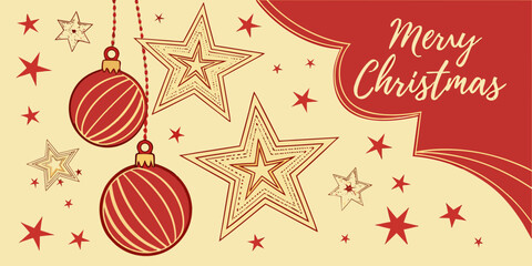Festive Christmas greeting card with golden stars and red ornaments on a bright red holiday background.