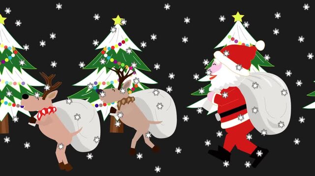 リスマスにプレゼントを運ぶサンタクロースやトナカイ。