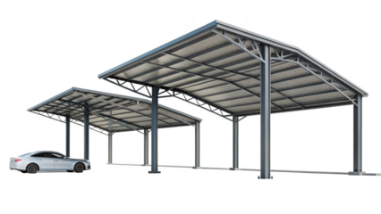 Two metal carport structures isolated on transparent background for car parking