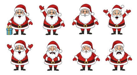 Fototapeta premium Set of Cartoon Santa Claus Characters in Various Poses Christmas Holiday Vector Illustration