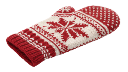 Knitted red and white snowflake patterned winter mitten isolated on transparent background