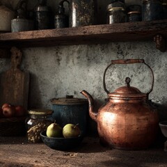 Vintage Kitchen Decor with Copper Pot and Fresh Ingredients
