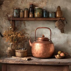 Vintage Copper Kettle with Rustic Kitchen Decor and Natural Elements