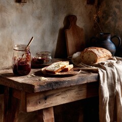 Rustic Table with Bread, Jam Jar, and Wooden Serving Board