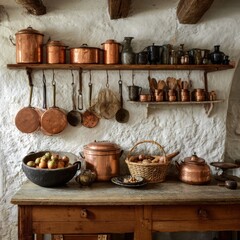 Cozy Vintage Kitchen Decor with Copper Pots and Rustic Utensils