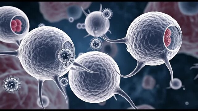 Microscopic view of immune cells engulfing invading virus particles.