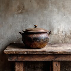 Vintage Copper Cooking Pot on Rustic Wooden Table Background