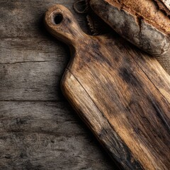Rustic Wooden Cutting Board with Freshly Baked Bread on Table