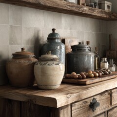 Rustic Kitchen Decor with Decorative Jars and Fresh Produce Display