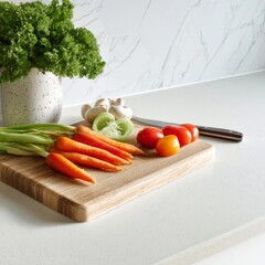 Fresh Vegetables and Herbs on Wooden Cutting Board in Kitchen Setting