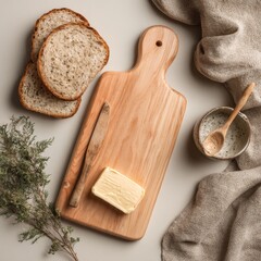 Wooden Cutting Board with Butter, Bread, and Fresh Herbs on Linen