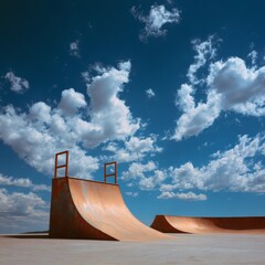 Urban Skatepark Ramp Under Blue Sky with Fluffy Clouds