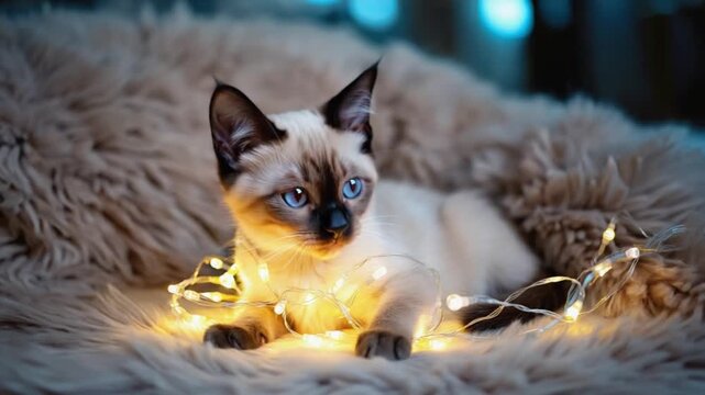 Siamese cat resting on fur blanket with string lights looking up with bright blue eyes so adorable cat video